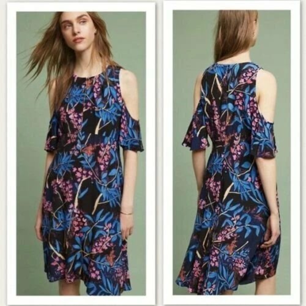 Maeve Anthropologie Elia‎ Cold Shoulder Dress 12 Black Blue Pink Floral Midi